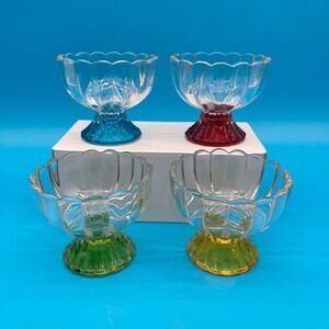 Vintage Colorful Footed Glass Dessert Cups Set of 4 Scalloped Sundae Bowls